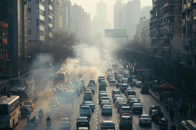 Photo bustling city street during rush hour filled with cars and buses exhaust fumes pollution issues