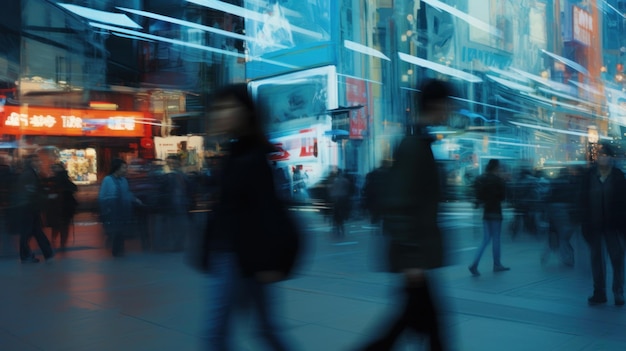 A bustling city street at night filled with a blur of people walking amidst the vibrant city lights