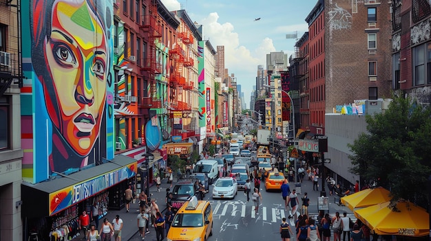 A bustling city street with people crossing the road cars and taxis driving and buildings with colorful murals and graffiti