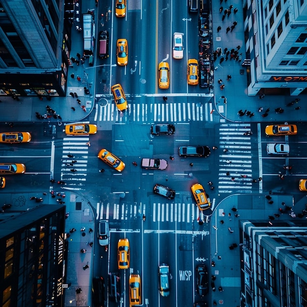 Bustling city street with vibrant blue skyline