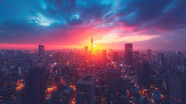 A Bustling Cityscape At Dusk Skyscrapers Background