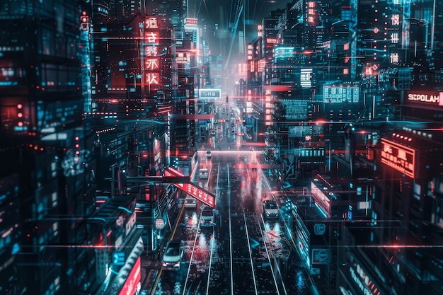 A bustling cityscape illuminated by vibrant neon lights and futuristic buildings forming a surreal environment A cityscape where reality is manipulated through virtual simulations