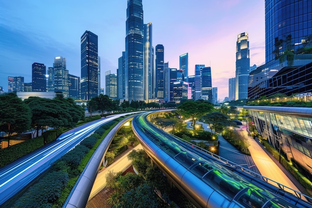 Bustling Cityscape at Sunset with Urban Architecture and Traffic