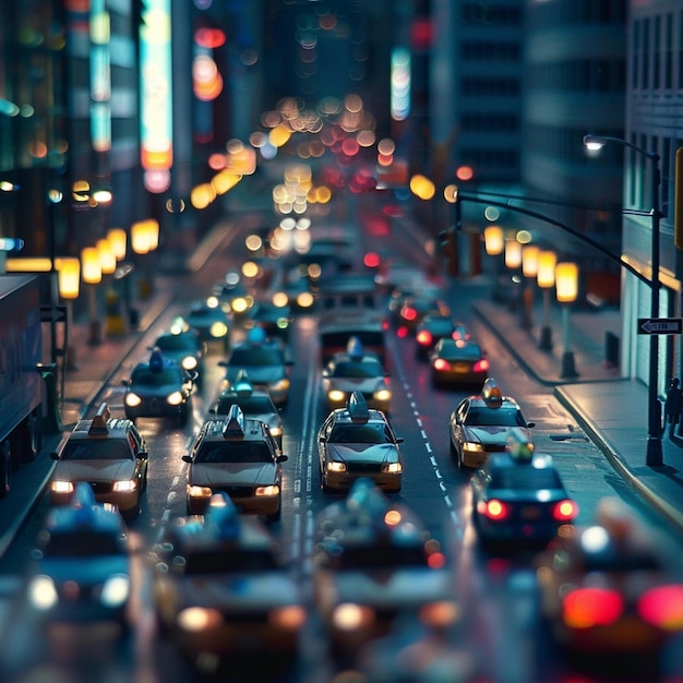 Bustling cityscape with vehicles on a table showcasing urban nightlife and street parking