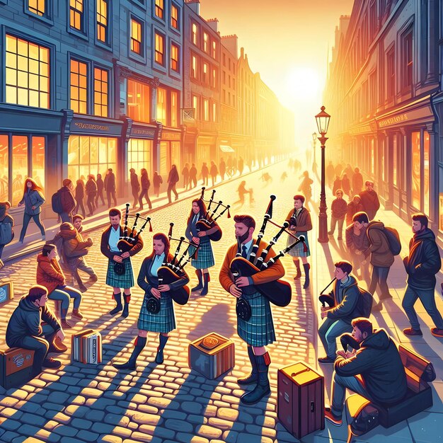 Photo on a bustling cobblestone street of dublin under the glow of a setting sun isometric style of a gr