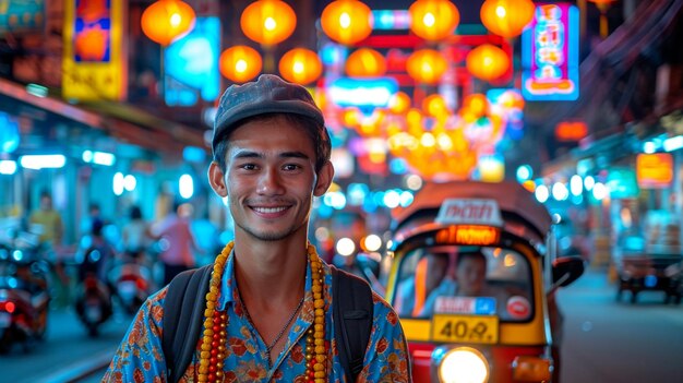 bustling and colorful streets of Bangkok with tuktuks and street food vendors