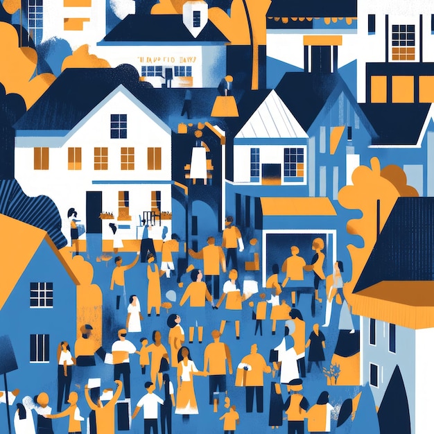 Photo a bustling community gathering illustrated in a vibrant blue and yellow color palette