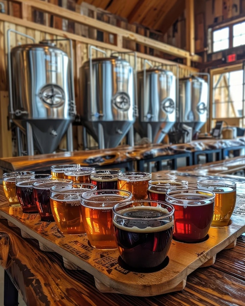 Photo a bustling craft brewery with a variety of beer glasses and tasting flights on a rustic wooden table