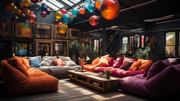 A bustling creative agency with vibrant artwork bean bags and collaborative workspaces