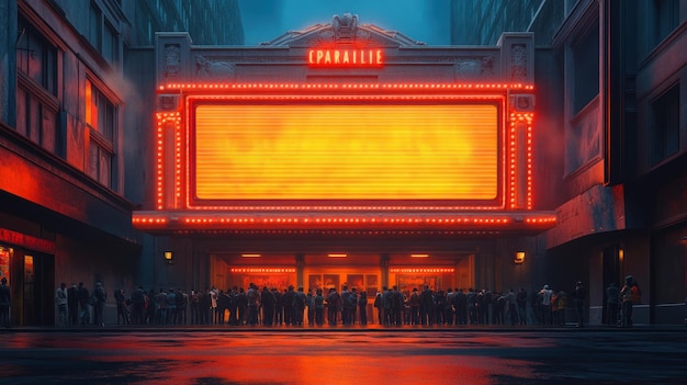 Photo a bustling crowd gathers outside a vibrant theater at night