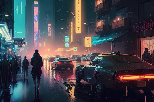 Bustling cyberpunk street at night digital art illustration