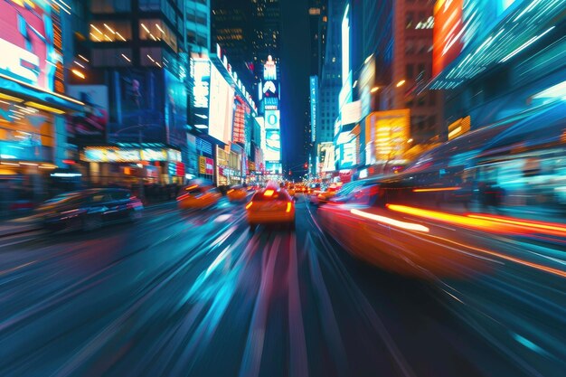 In the bustling downtown at night the city streets pulse with blurred motion and vibrant energy