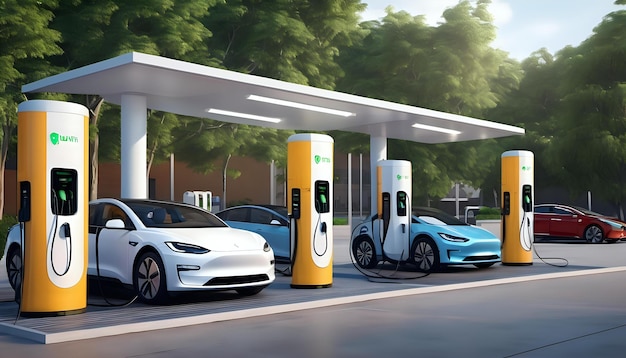 A bustling electric vehicle charging station with a variety of EV models AI Generativ