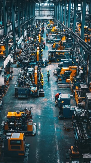 A bustling factory floor filled with workers and machinery showcasing vibrant industrial environment scene captures energy and productivity of modern manufacturing space