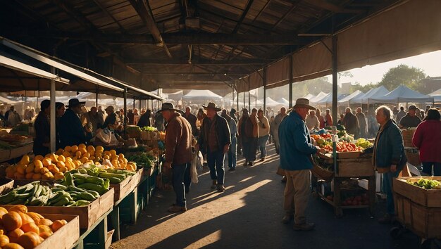 a bustling farmers market in the morning