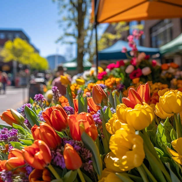 A bustling farmers market overflowing with fresh produce and vibrant bouquets of spring flowers