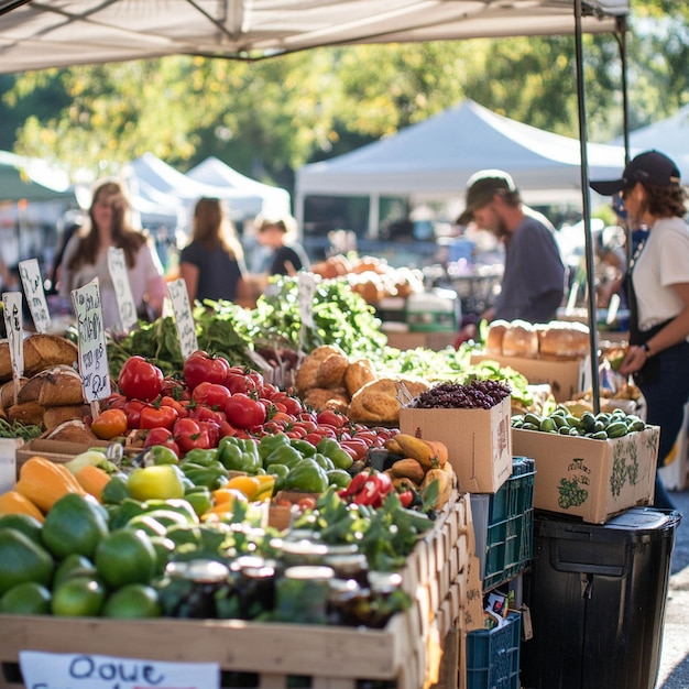 Photo a bustling farmers market in september with vendors selling fresh produce homemade jams and artisan bread