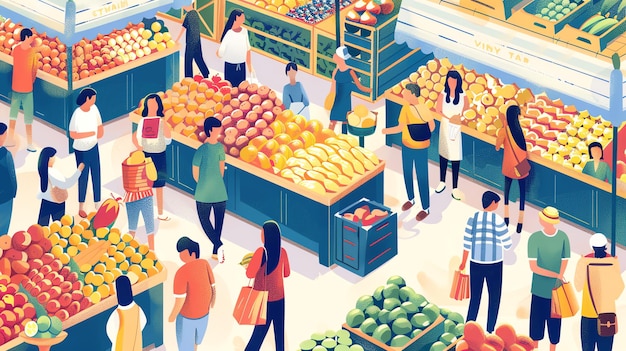 A bustling farmers market with colorful fruits and vegetables and many shoppers