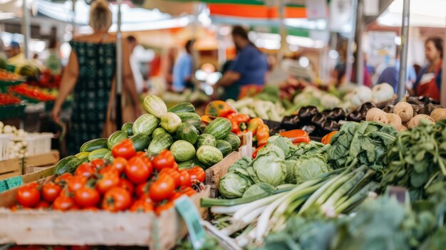 a bustling farmers market with fresh produce artisanal products and happy shoppers