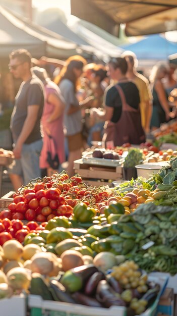 Photo bustling farmers market with lively interactions between shoppers and vendors showcasing fresh organ