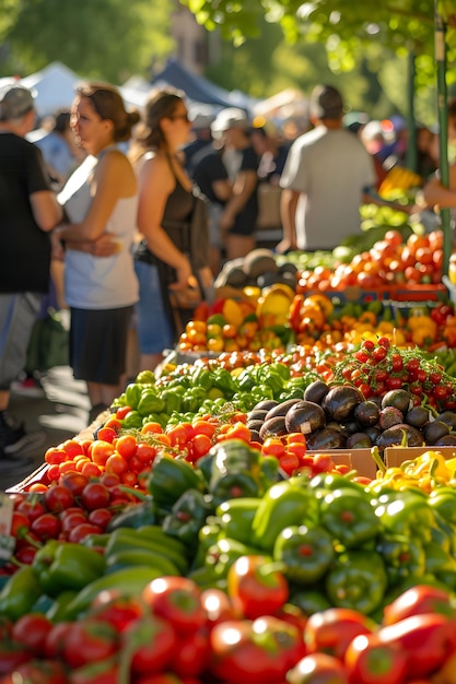 Photo bustling farmers market with lively interactions between shoppers and vendors showcasing fresh organ