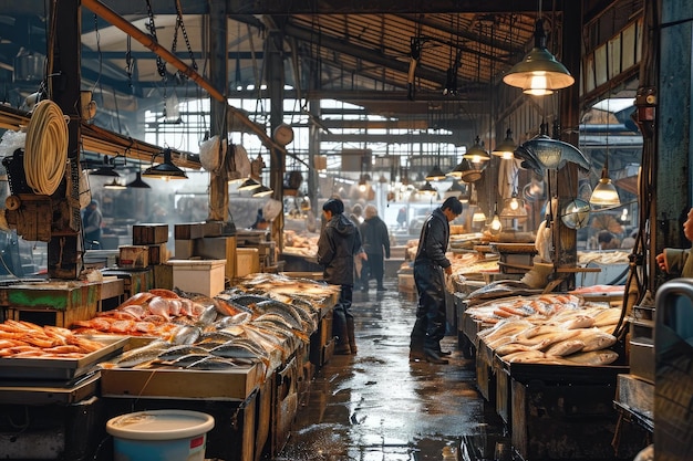 A bustling fish market packed with a wide array of fresh fish a seafood paradise for all A fish market filled with an array of fish and seafood bustling with people AI Generated