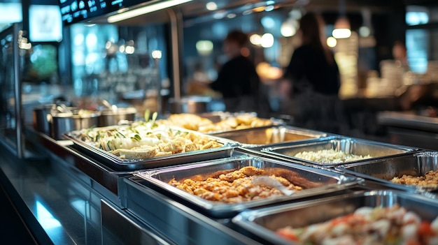 Photo a bustling food court display featuring diverse dishes at a popular dining venue in the evening