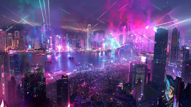 A bustling futuristic city at night with bright lights illuminating the skyline showcasing a modern