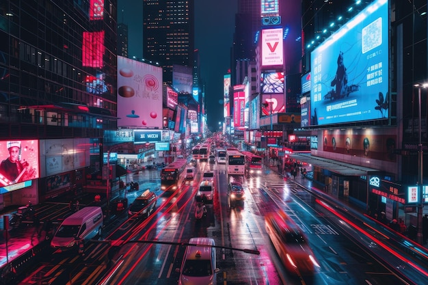 A bustling futuristic cityscape at night with neon lights