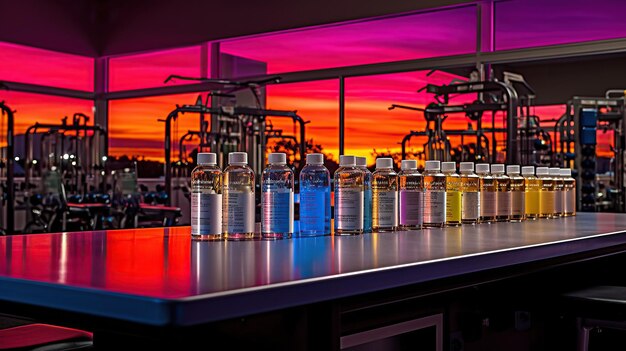 In a bustling gym a shaker bottle filled with a potent energyboosting mixture sits on a stainless steel counter Generative AI