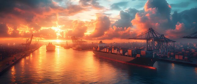 Photo a bustling industrial port at sunset with large cargo ships docked cranes unloading containers and workers in highvisibility vests handling logistics ideal for jobs related to transportation