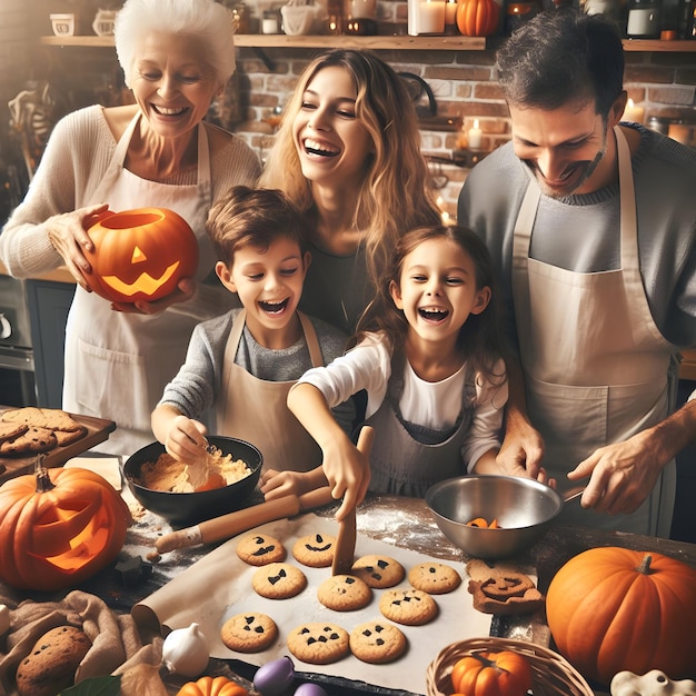 In a bustling kitchen a family gathers to bake Halloweenthemed treats amidst the aroma of freshly