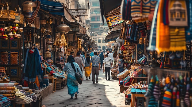 A bustling market in an exotic location The market is full of people buying and selling goods