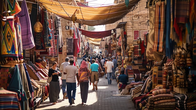 A bustling market in the Middle East The narrow street is lined with shops selling a variety of goods including carpets textiles and spices