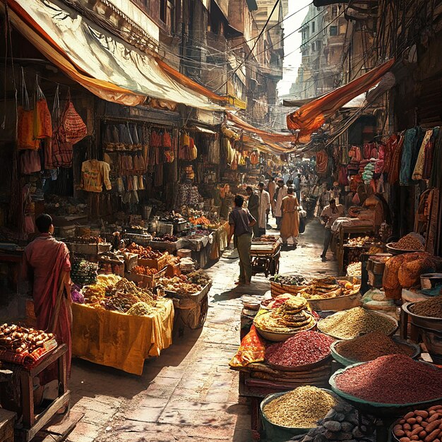 Bustling Market in Old Delhi with Narrow Streets