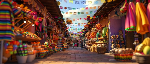 bustling market scene selling festive decorations and Mexican crafts lively and colorful