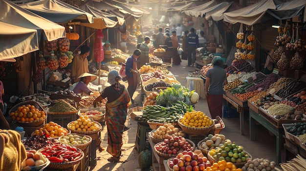 A bustling market scene with people buying and selling colorful fruits and vegetables