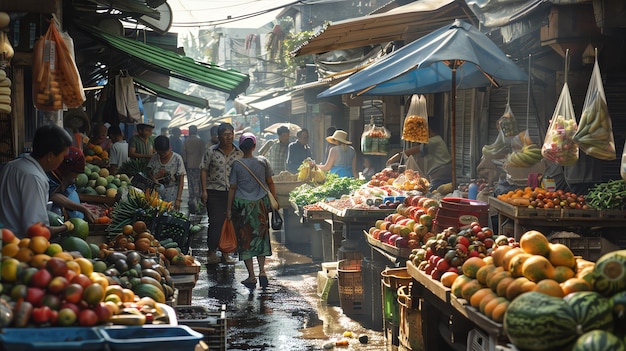 A bustling market scene with people buying and selling fruits and vegetables The market is full of color and life