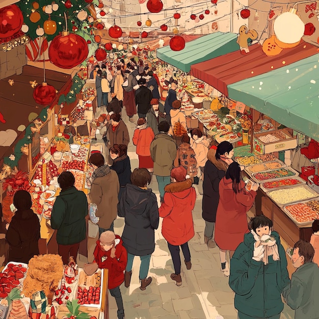 A bustling market scene with shoppers browsing stalls overflowing with fresh produce and treats