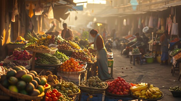 A bustling market scene with a variety of fruits and vegetables on display