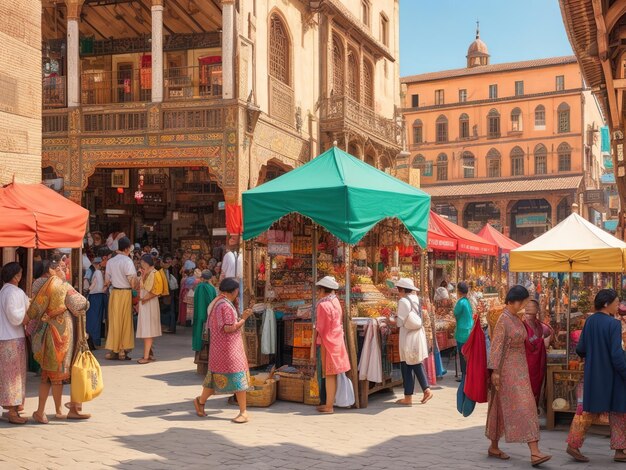 a bustling market square filled with color generative ai