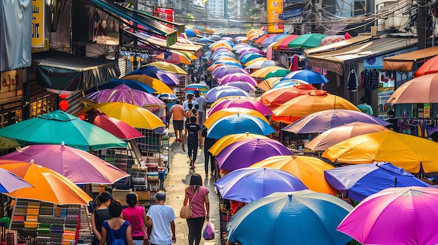 A bustling market with colorful umbrellas People are walking around and shopping There are many different stalls selling a variety of goods