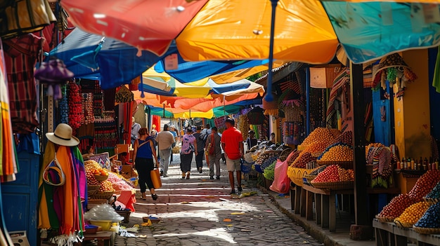 A bustling market with colorful umbrellas providing shade People are walking around and shopping