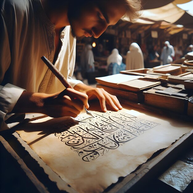 Photo in the bustling marketplace of marrakech beneath the scorching moroccan sun a skilled calligrapher