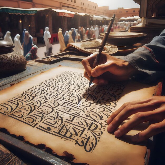 Photo in the bustling marketplace of marrakech beneath the scorching moroccan sun a skilled calligrapher