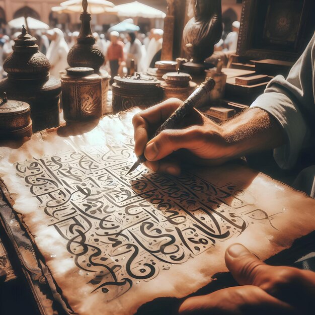 Photo in the bustling marketplace of marrakech beneath the scorching moroccan sun a skilled calligrapher