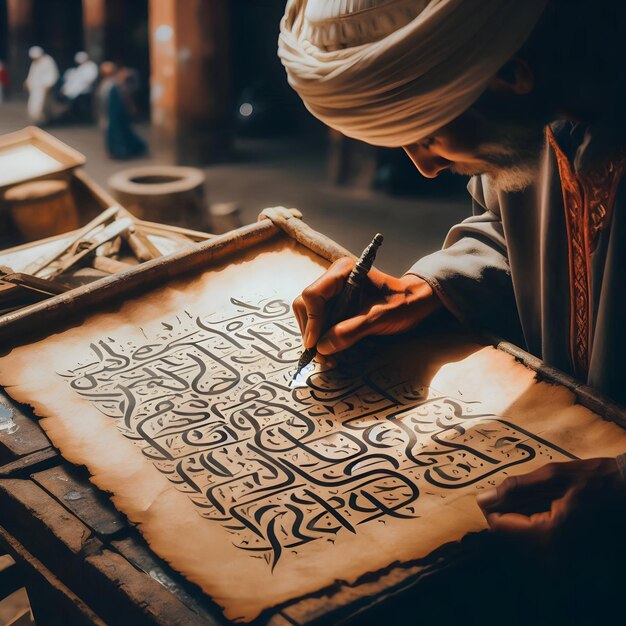 Photo in the bustling marketplace of marrakech beneath the scorching moroccan sun a skilled calligrapher