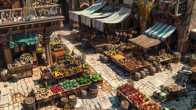 Photo a bustling medieval market square with stalls selling a variety of goods including fruits vegetables meat and fish