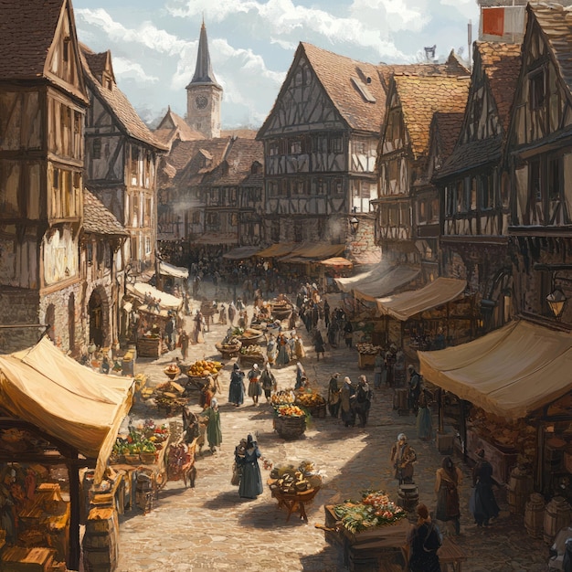 Photo a bustling medieval marketplace with cobblestone streets wooden buildings and vendors selling goods under awnings