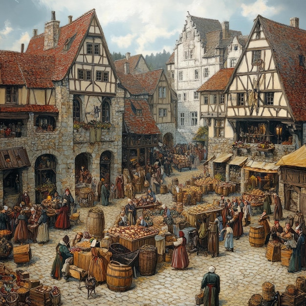 Photo a bustling medieval marketplace with people stalls and buildings